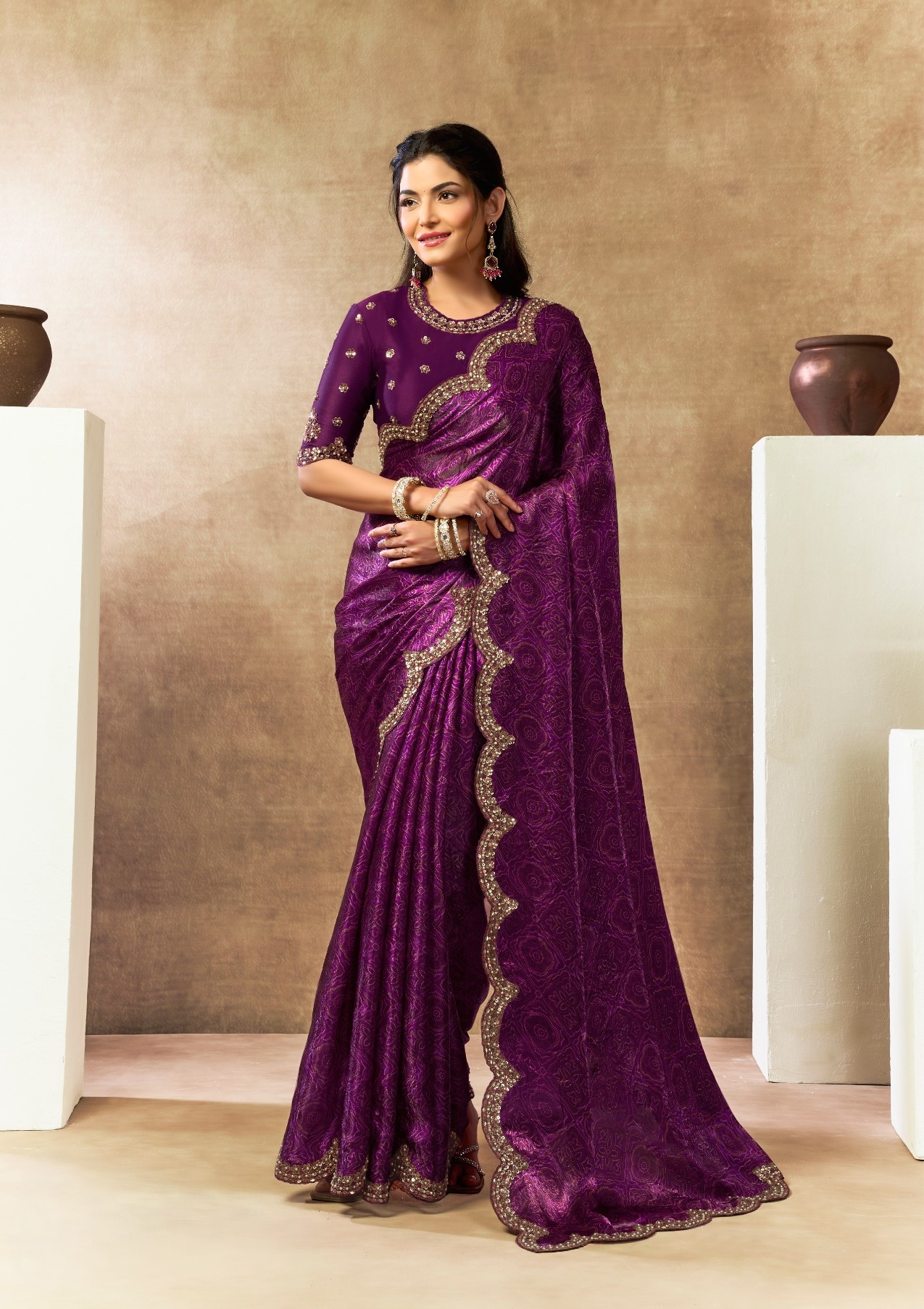 Purple Embroidered Scallop Border Saree